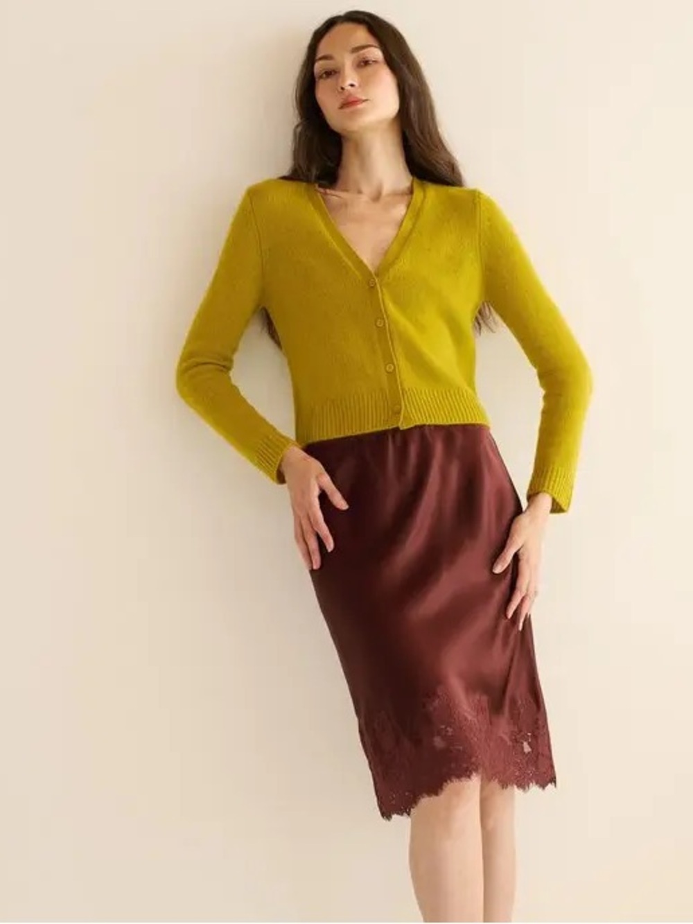 Doen Elowette Silk Lace-Trim Midi Slip Skirt in Cafe Brun. Sz XS. EUC